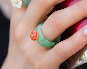 rings, orange coral green jade ring jade ring Stone Jewelry korea hanbok ring authentic jade ring korea jewelry daily use jewelryNASCHENKA