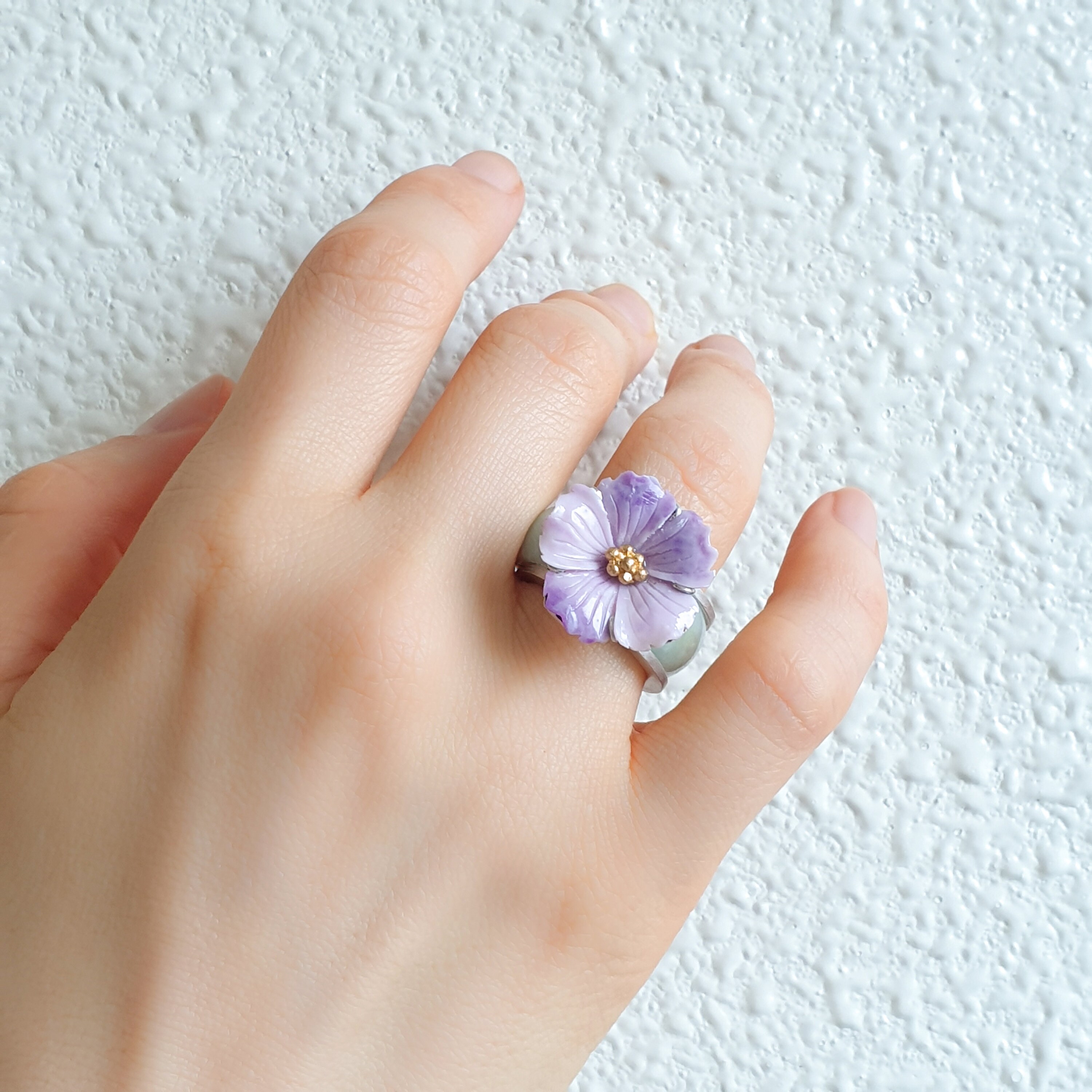 Jade Band Ring With Purple Flower NASCHENKA Traditional Korean