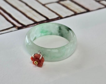 US 9 3/4   US 10 / Natural red coral flower and Jade band ring Seoul NASCHENKA