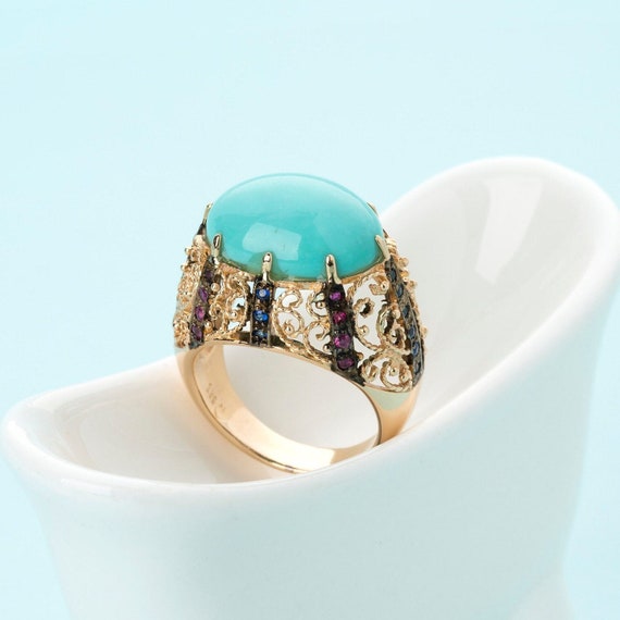 Victorian Turquoise Cabochon Old Mine Cut Diamond 14 Karat Yellow Gold Halo  Ring | Wilson's Estate Jewelry