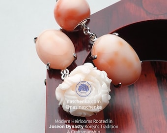 Natural Angel Skin Coral Dangle Earrings, Sterling Silver, Hand Carved Rose, Korean Heritage Jewelry