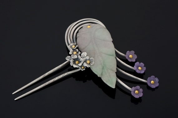 Sterling Silver Hair Fork With Natural Jade Leaf and Amethyst