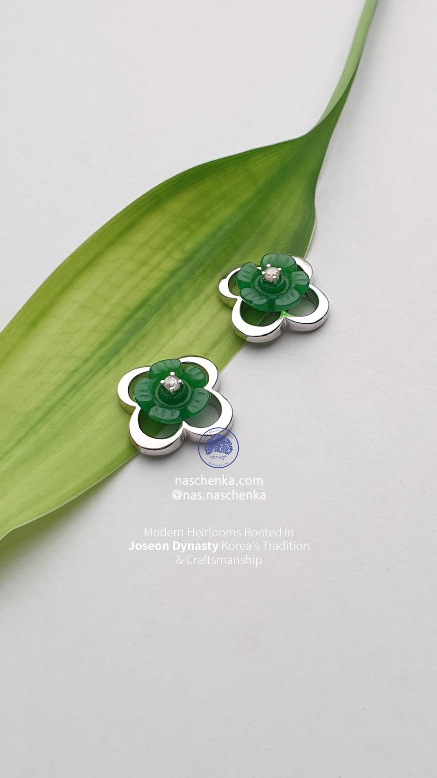 Green Gemstone Flower Earrings with Rough Diamond Center | Sterling Silver Handmade Studs | Korean Traditional Inspired Earrings | NASCHENKA