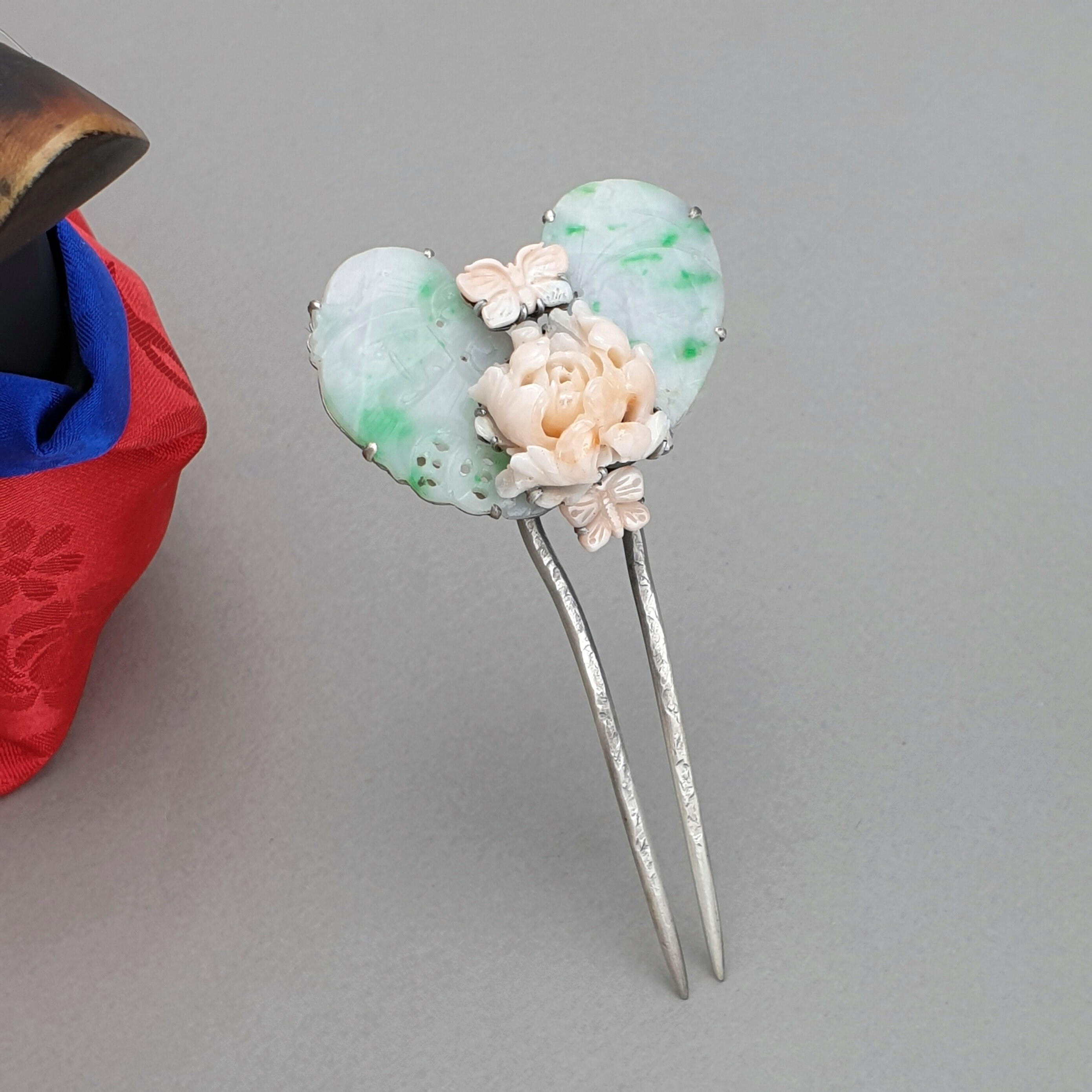 Korean hair clip , hair pin kdrama, hanbok hair accessories, Natural coral jade silver hair stick for hanbok stick binyeo NASCHENKA 뒤꽂이