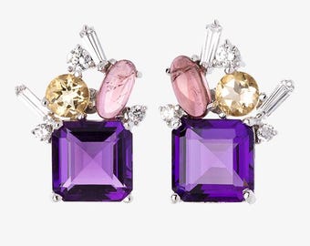 Purple amethyst earrings, silver earrings, Korean earring