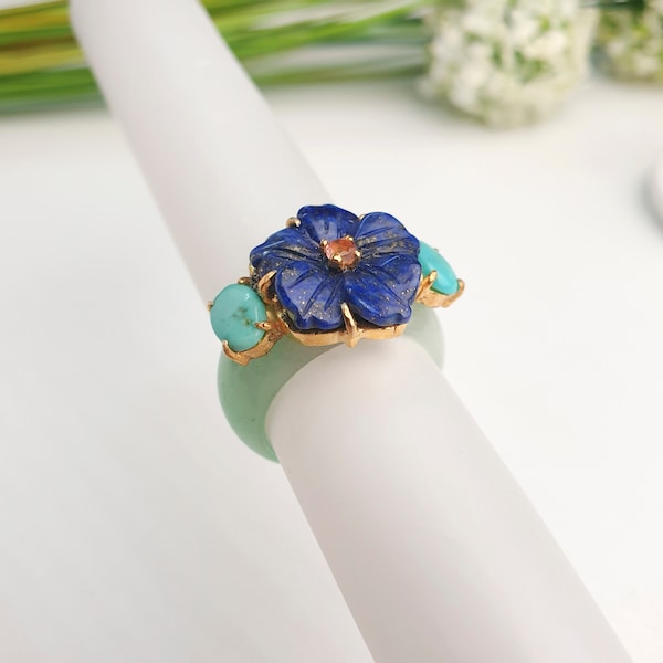 blue lapis flower green jade ring jade ring Stone Jewelry korea hanbok ring authentic jade ring korea jewelry daily use jewelry