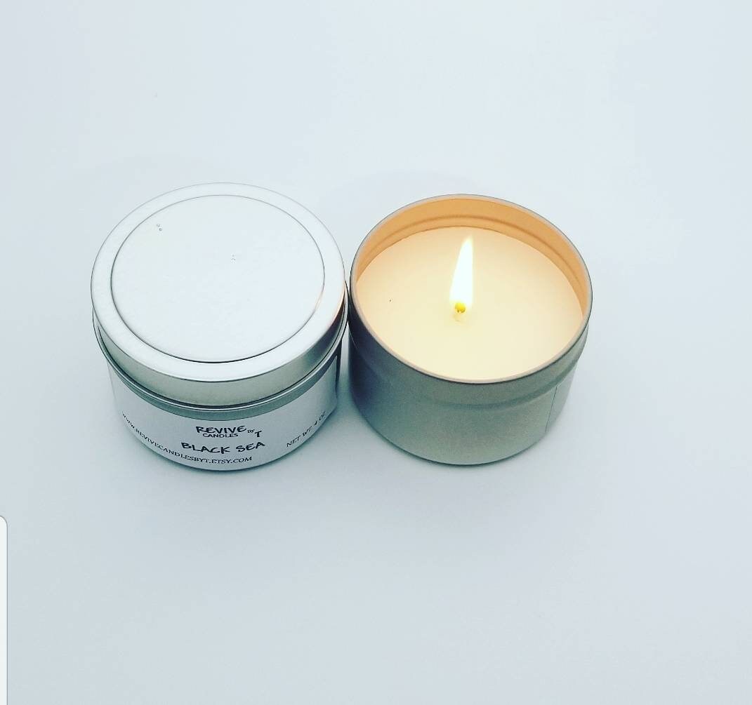 4 oz Soy Candles in tin Jars. Clean burning, and scented with essential