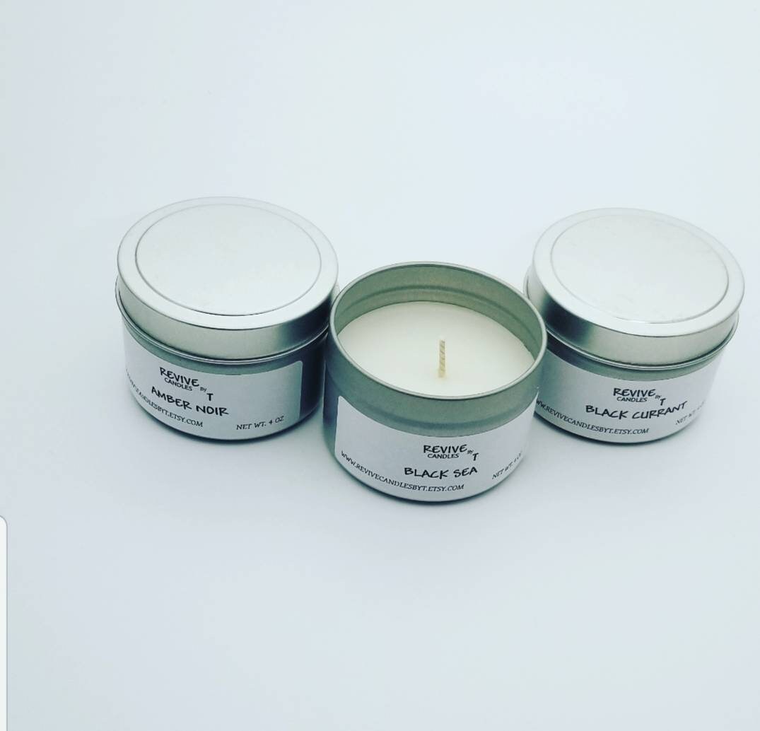 4 oz Soy Candles in tin Jars. Clean burning, and scented with essential