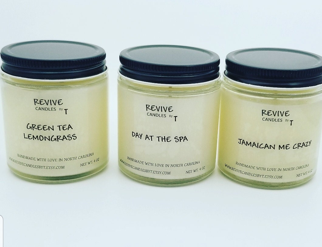 Natural Soy Candles highly scented with essential oils. Personalize