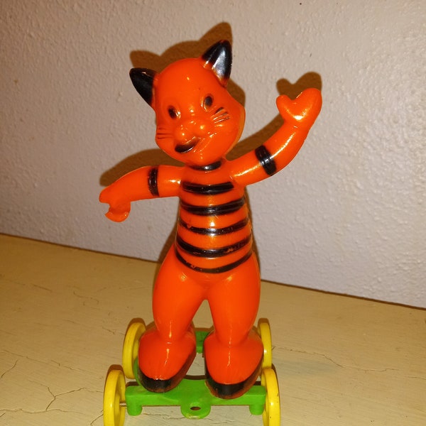 Vtg Rosbro Rosen Rare Celluloid Hard Plastic Halloween Orange & Black Cat, Green, Yellow Wheels Pull Toy, Candy Holder, USA, 1950, 6" Tall