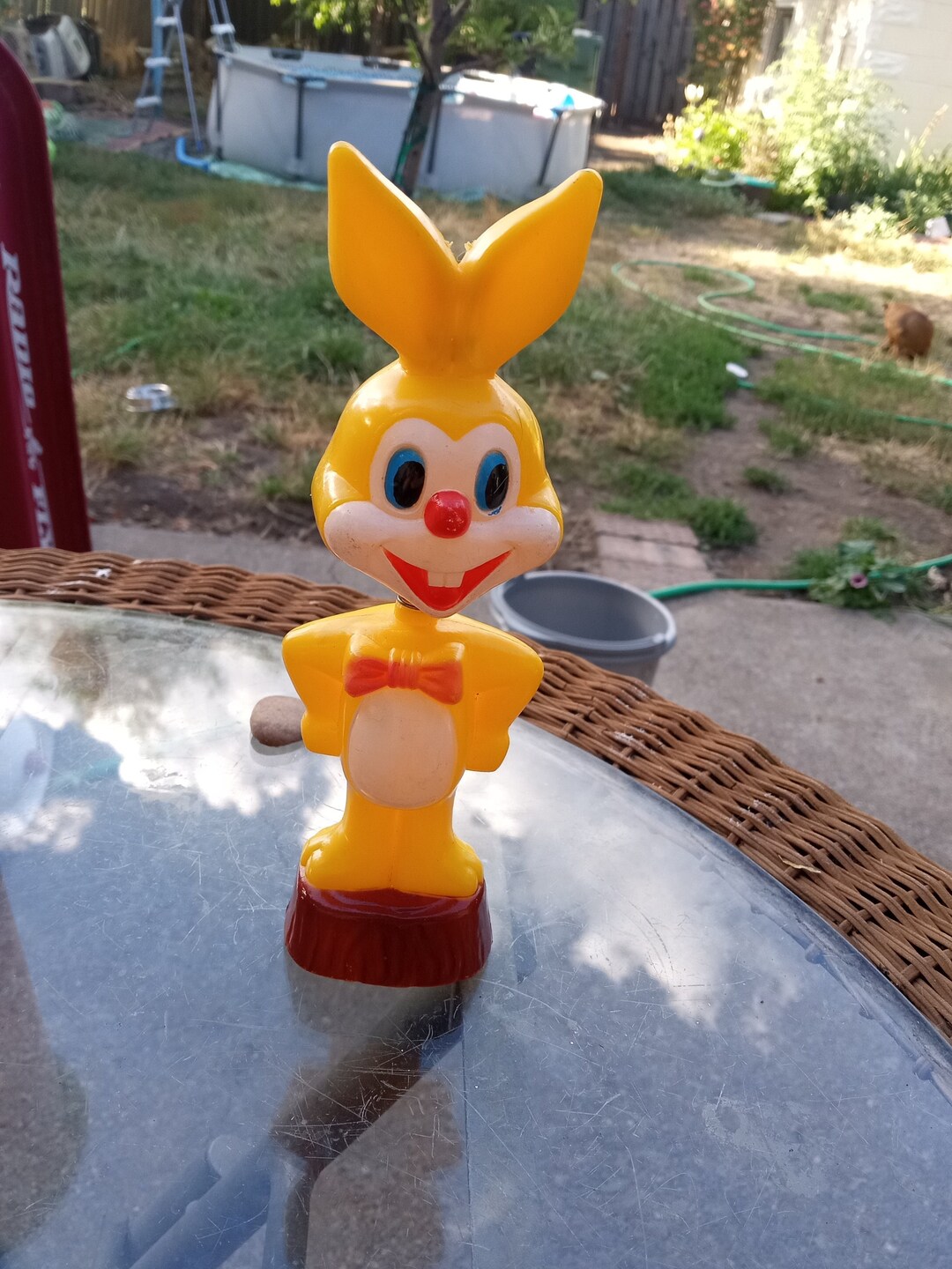 Vintage Bobblehead Hard Yellow Plastic Bunny Rabbit W/ Bowtie Toy or