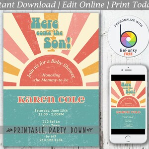 Retro Boy Sunshine Baby Shower Invite | Son Invite  Editable Template | Instant Download - 4x6 an 5x7