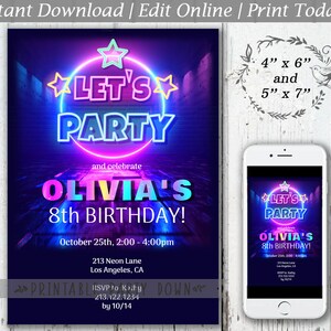 Glow Party Invitation | Neon Birthday Party Invite | Editable Personalized Template 4x6 and 5x7 - Instant Download