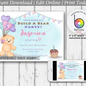 Bär Build-Party einladen Vorlage | Girl Workshop Geburtstag einladen | Bearbeitbare Sofort Download-Vorlage - 4x6 und 5x7