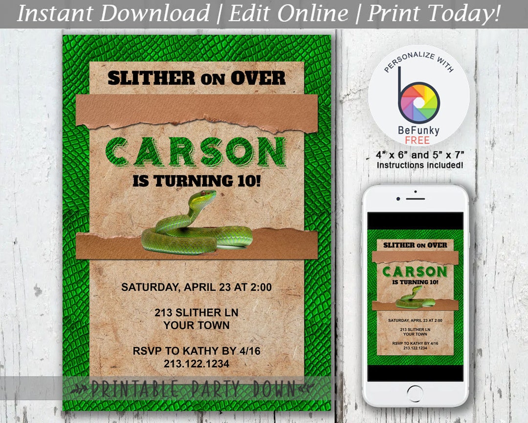 Snake Birthday Party Invite Green Snake Birthday Customize Personalize