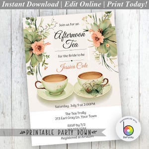 Theekransje vrijgezellenfeest uitnodiging | Perzikbloem theekopjes Aanpassen Personaliseren Bewerkbare afdrukbare - Instant Download 4 x 6 en 5 x 7