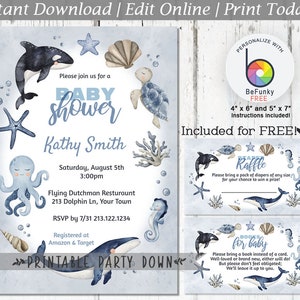 May include: Printable baby shower invitation with a blue and white ocean theme. The invitation features a whale, octopus, starfish, and a turtle. The text on the invitation reads "Please join us for a baby shower" and includes the date, time, and location of the event. The invitation also includes information about the RSVP and gift registry. The invitation is available in 4x6 and 5x7 sizes.