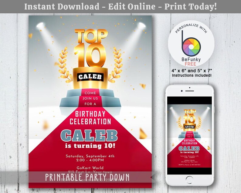 Boy 10th Birthday Trophy Invitation | Birthday Digital Template Personalize Editable Printable ...