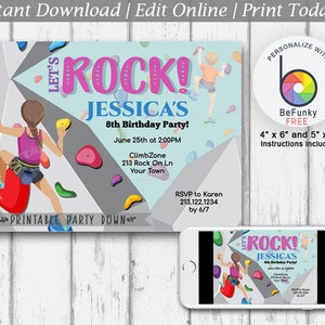Rock Climbing Party Invite | Girl Let&#39;s Rock Birthday Customize Personalize  Editable Template Printable  - Instant Download 4x6 and 5x7