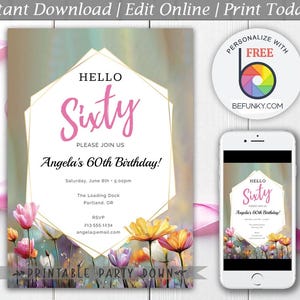 Wildflower Birthday Template | Floral Birthday Party Invite Digital Editable 30, 40, 50, 60, 70 Printable  - Instant Download