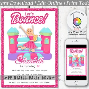 Pink Doll Bounce House Birthday Invitation Template (Digital Download)