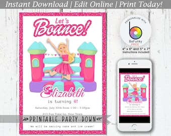 May include: Printable invitation for a birthday party with a pink and blue bounce house theme. The invitation features a cartoon image of a girl jumping on a bounce house. The text on the invitation reads "Let's Bounce! Elizabeth is turning 6!" and includes the date, time, and location of the party. The invitation also states that cake and ice cream will be served.