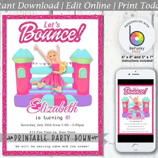 Bounce House Birthday Invite Template | Pink Doll Glitter Birthday Party Invite | Editable Template Digital Instant Download - 4x6 an 5x7