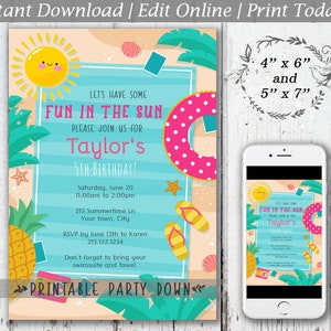 Fun in the Sun Invitation | Pool Party Birthday Customize Personalize Editable Printable | Template |   - Instant Download 4x6 and 5x7