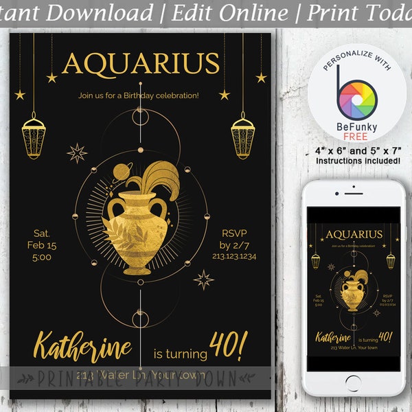 Zodiac Aquarius Party Invite |  Gold Black Party Invitations | Birthday Template | Personalize Editable Printable - Instant Download 4x6 5x7