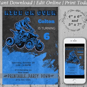 Quad  Invitation Template | ATV Party Blue Black Quad Birthday Customize Personalize Editable Printable  - Instant Download 4x6 and 5x7