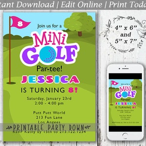 Girl Mini Golf Party Invite | Putt Putt Birthday Customize Personalize  Editable Template Printable - Instant Download 4x6 and 5x7