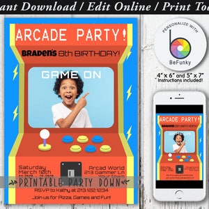 Arcade Photo Party Invite | Game Arcade Birthday Customize Personalize Editable Template Printable  - Instant Download 4x6 and 5x7