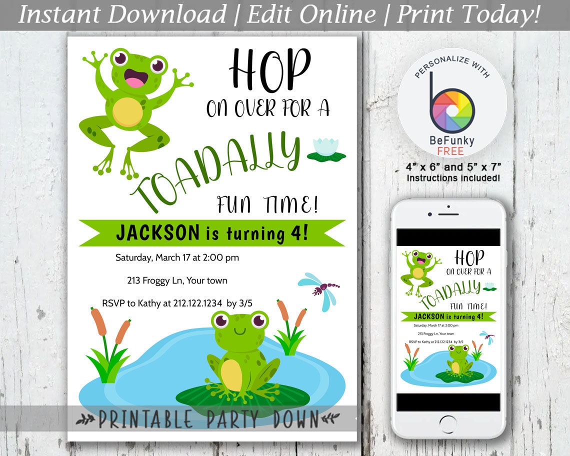 frog-birthday-party-invite-toadally-fun-birthday-customize-personalize-editable-template-printable-instant-download-4x6-and-5x7-etsy