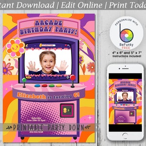 Girl Photo Arcade Party Invite | Game Arcade Birthday Customize Personalize Editable Template Printable  - Instant Download 4x6 and 5x7
