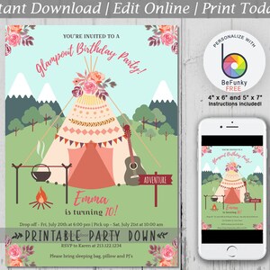 Glamping Birthday Party Invite: Editable Slumber Party Template (4x6 & 5x7 Digital Download)