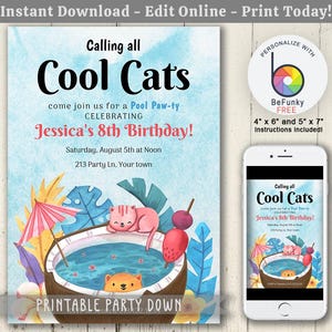 Cool Cat Birthday Party Invite Template | Pool Party Invite | Editable Template Digital Instant Download - 4x6  5x7