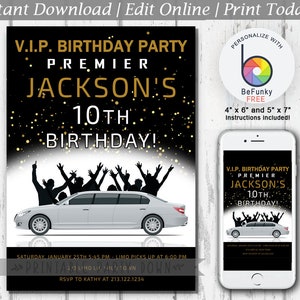 Può includere: Invito a una festa di compleanno nero e oro con una limousine e il testo "V.I.P. Birthday Party Premier Jackson's 10th Birthday!" L'invito include anche la data e l'ora della festa, nonché le informazioni RSVP.