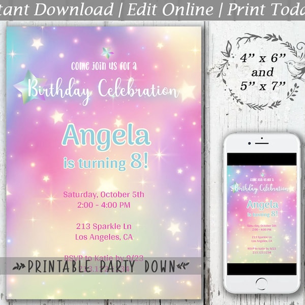 Iridescent Luminous Birthday Invite Template | Rainbow Star Watercolor Birthday Party Invite | Editable Instant Download - 4x6 an 5x7