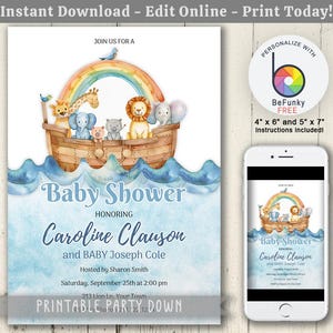 Noah&#39;s Ark Baby Shower Party Invite Template | Watercolor Baby Shower Invite | Editable Template Digital Instant Download - 4x6  5x7