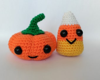Candy Corn and Pumpkin Crochet Amigurumi-----3 pieces Ready to Ship-----FREE SHIPPING INTERNATIONAL