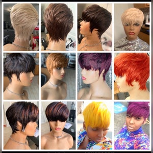 Op de afbeelding: Een collage van tien afbeeldingen die verschillende korte kapsels in verschillende kleuren laten zien, waaronder blond, bruin, zwart, rood, paars en geel. Alle kapsels zijn gestyled in een pixie-cut met een pony.