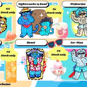 Op de afbeelding: Een verzameling Summer X-Men sleutelhangers met stripfiguren in strandkleding. De sleutelhangers omvatten Omega Red, Nightcrawler, Wolverine, Colossus, Beast en Ice-Man. Elk personage wordt afgebeeld met zomerse accessoires.