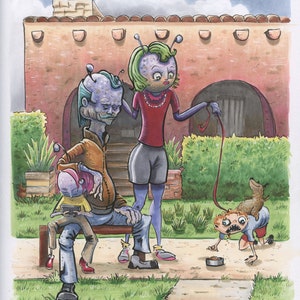 Modern Family, 9&#39;&#39;x11&#39;&#39; Weird Original Art, Unique Comic Cartoon Illustration, Alien Artwork, Grotesque Aliens, Sci fi Drawing