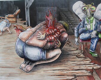 Sin Cycle, Original Artwork by Daniel Grissom, 5" x 7", Weird Art, Horror Gothic Comic, Grotesque Drawing, Bizarre Religious Art Fly