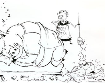Cochon désordonné, dessin de bande dessinée original, porc, illustration amusante, illustration murale, stylo et encre uniques, art étrange, croquis d’animal idiot
