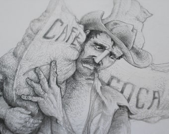 The Campesino's Cross Original Art, 9” x 12” Graphite Drawing, Unique Pencil Artwork, Fine Art, Coffee Coca Farmer Illustration, Arte Dibujo