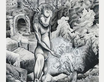 Dark Gothic Art Print, Monster Pen and Ink Drawing, Religious Wall Art