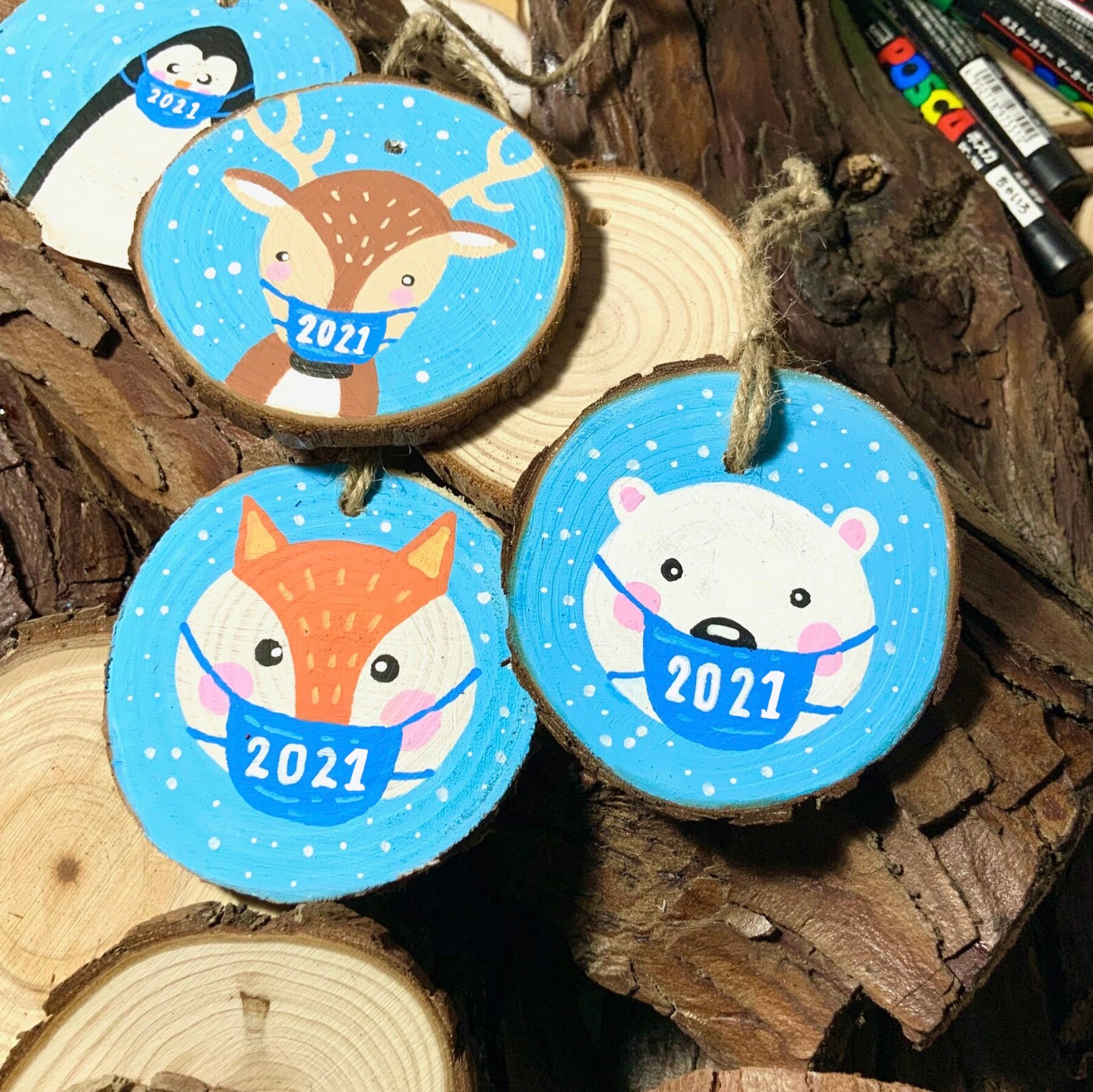 Wood Slice Ornaments Sale - 2021 Mask Ornaments - Rustic Handmade Chr…