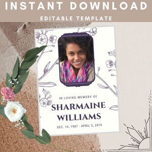 Peut inclure: Un modèle de carte commémorative imprimable avec un motif floral et un espace réservé pour une photo. Le texte indique "En souvenir affectueux de Sharmaine Williams, 14 décembre 1987 - 5 avril 2019".