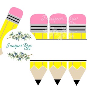 May include: A yellow pencil with a pink eraser and a circle with the text "Juniper Row Farm" and a floral design. There are three yellow pencils with pink erasers and grey stripes on the top of the image.